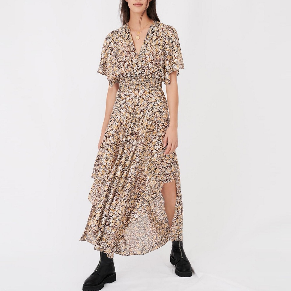 Maje Rachelle Smocked Jacquard Midi High Low Dress